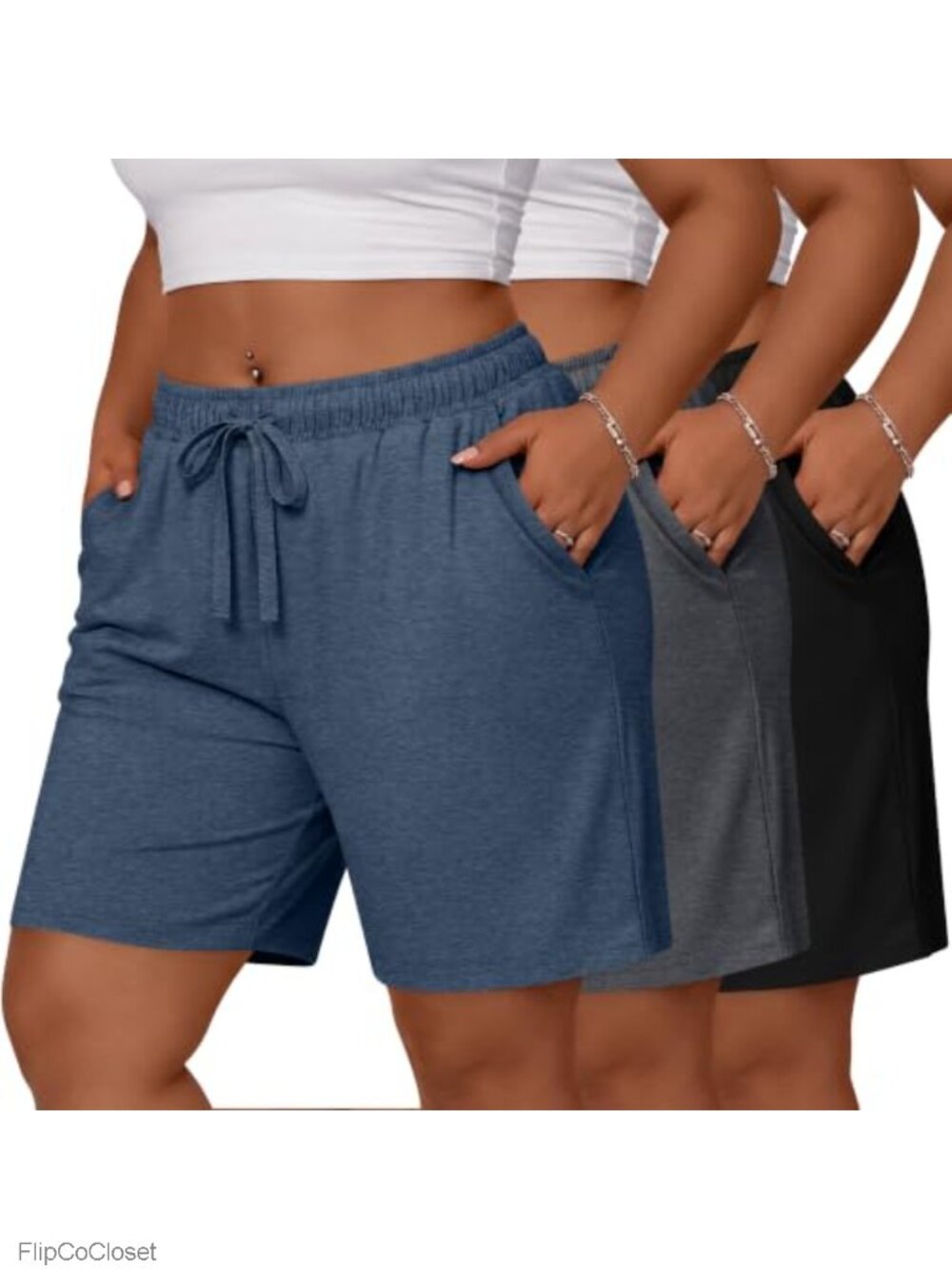 3 Pack Plus Size Bermuda Shorts Cotton Drawstring Knee Length Athletic Summer